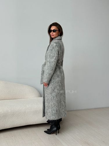 Серое двубортное пальто из шерсти с поясом