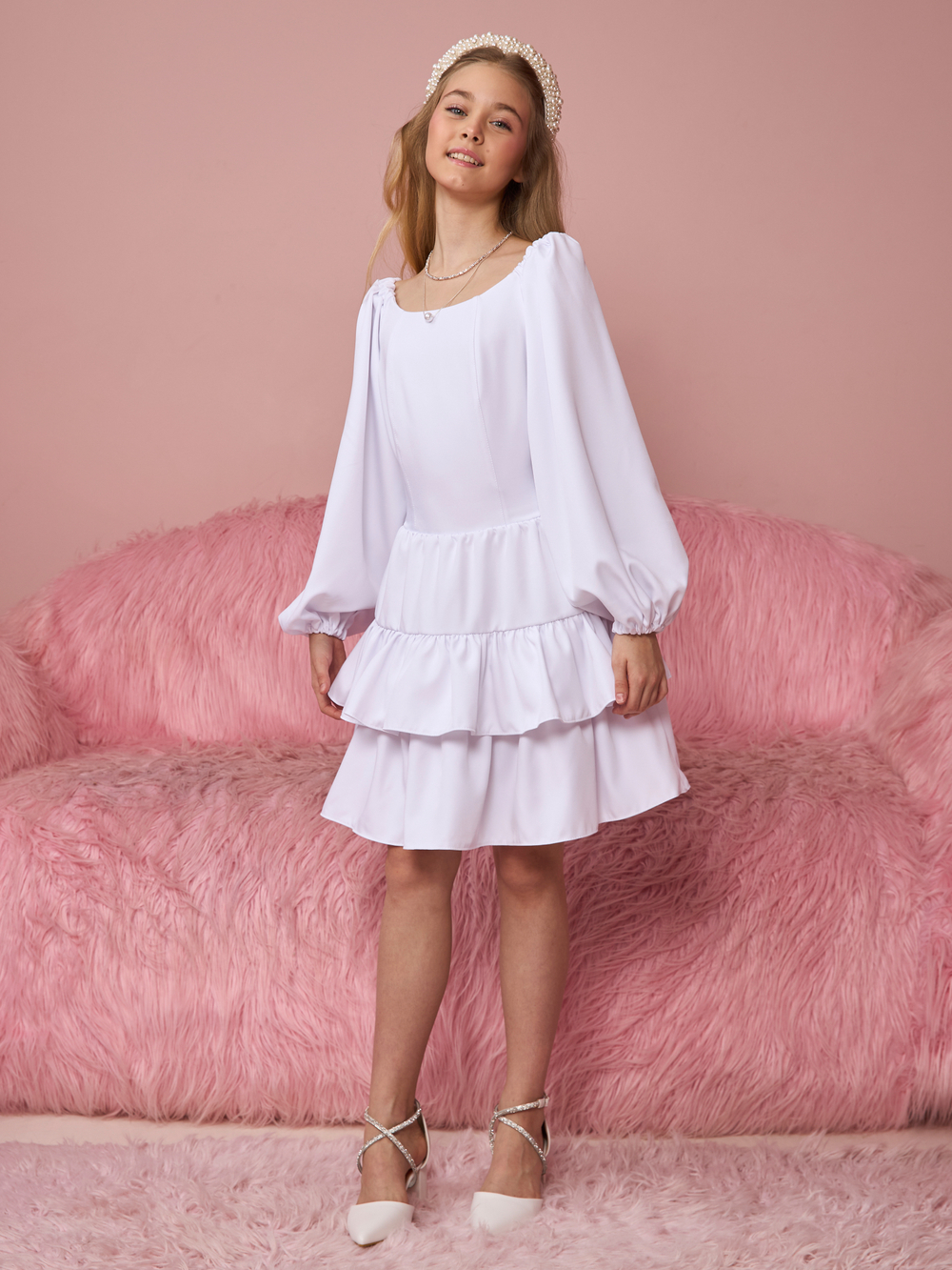 Платье праздничное ярусное с воланами для девочки белое