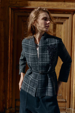 ZARA ТРИКОТАЖНЫЙ КАРДИГАН В КЛЕТКУ С ПОЯСОМ, СЕРЫЙ