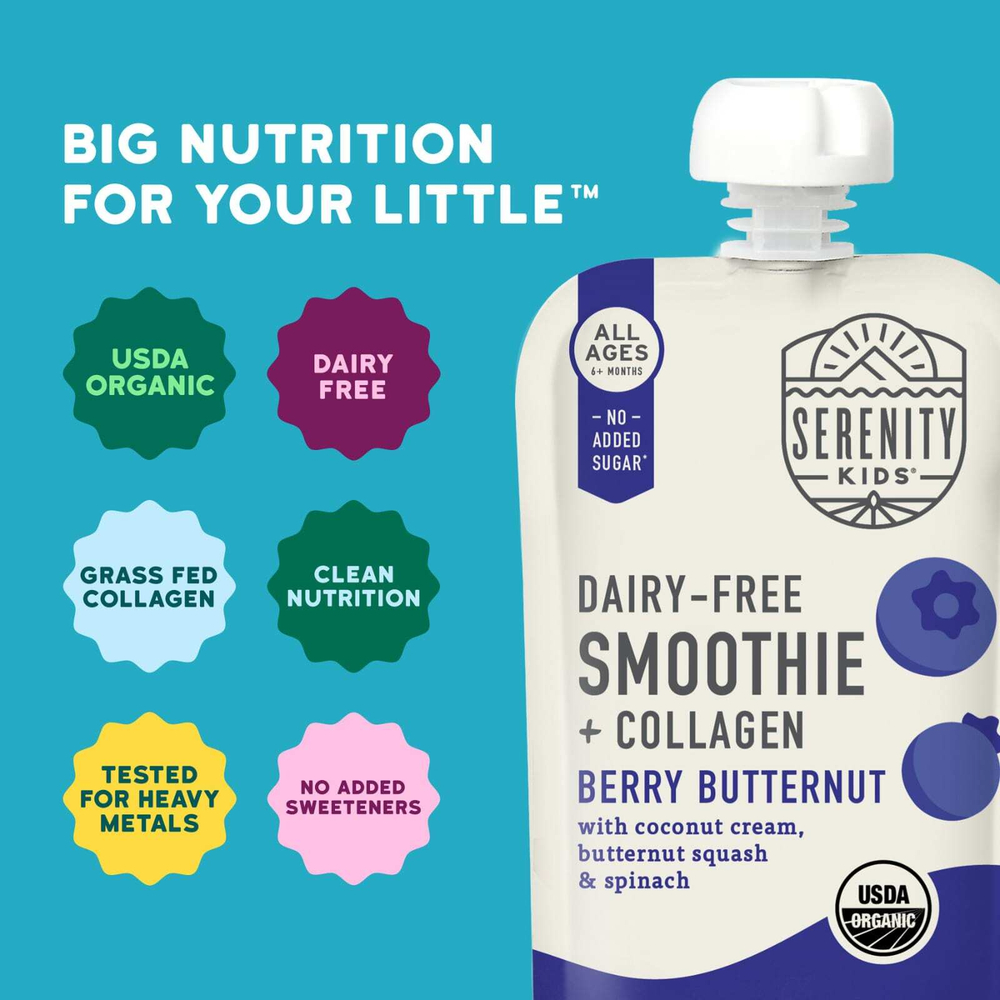 Serenity Kids, безмолочный смузи с коллагеном, со вкусом ягод и орехов, для детей от 6 месяцев, 99 г (3,5 унции)