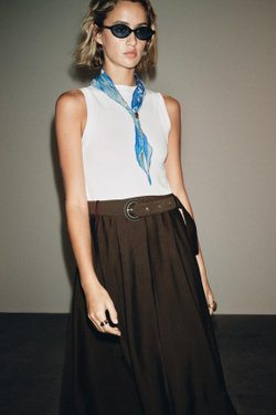 ZARA КОМБИНИРОВАННОЕ ПЛАТЬЕ-МИДИ С РЕМНЕМ, КОРИЧНЕВЫЙ/БЕЛЫЙ