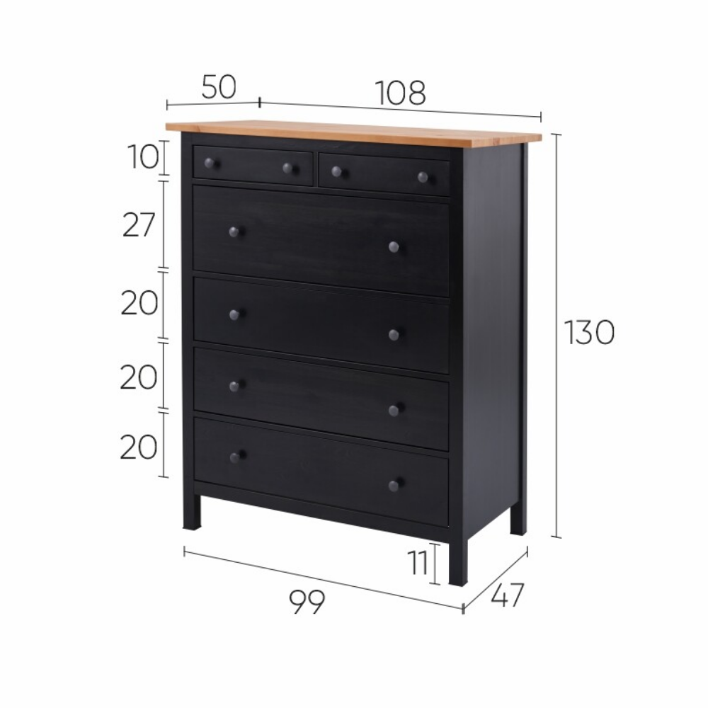 Комод с 6 ящиками деревянный, Хемнэс Hemnes/ Кымор, 108х50х131 см,черный/светло-коричневый