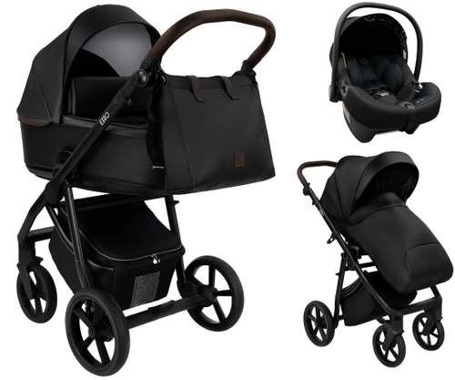 Детская коляска Roan Esso 2025 Кожа 3 в 1 с автокреслом Tutis Elo Lux EduSky Black ESSK/210/1 Black /Black/руч.Тем.коричневый