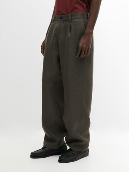 Massimo Dutti Льняные брюки с узором «ёлочка», зеленый