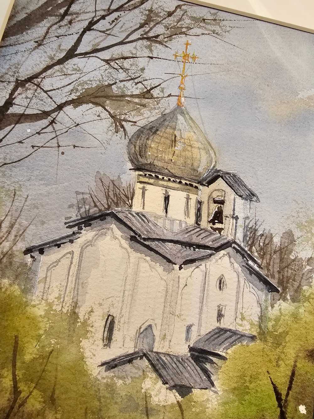 Картина авторская акварельная в паспарту 21х30 см на стену для интерьера "Церковь Петра и Павла с Буя. Псков"