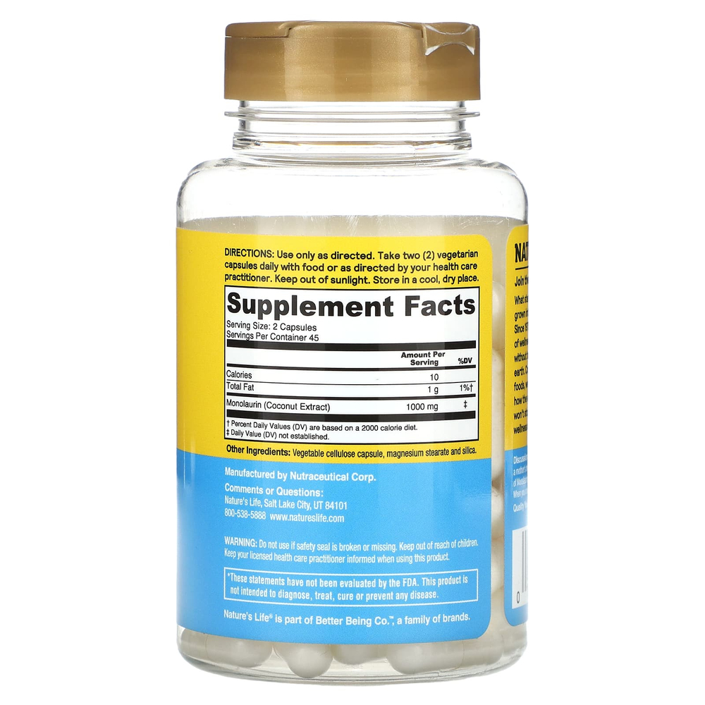 Nature's Life, питательный монолаурин, 90 капсул (500 мг в 1 капсуле)