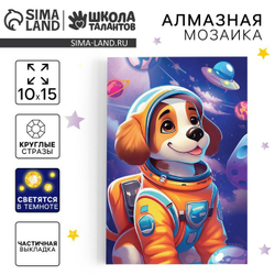 Алмазная мозаика «Щенок в космосе», 10*15 см, со светящимися стразами, Школа талантов