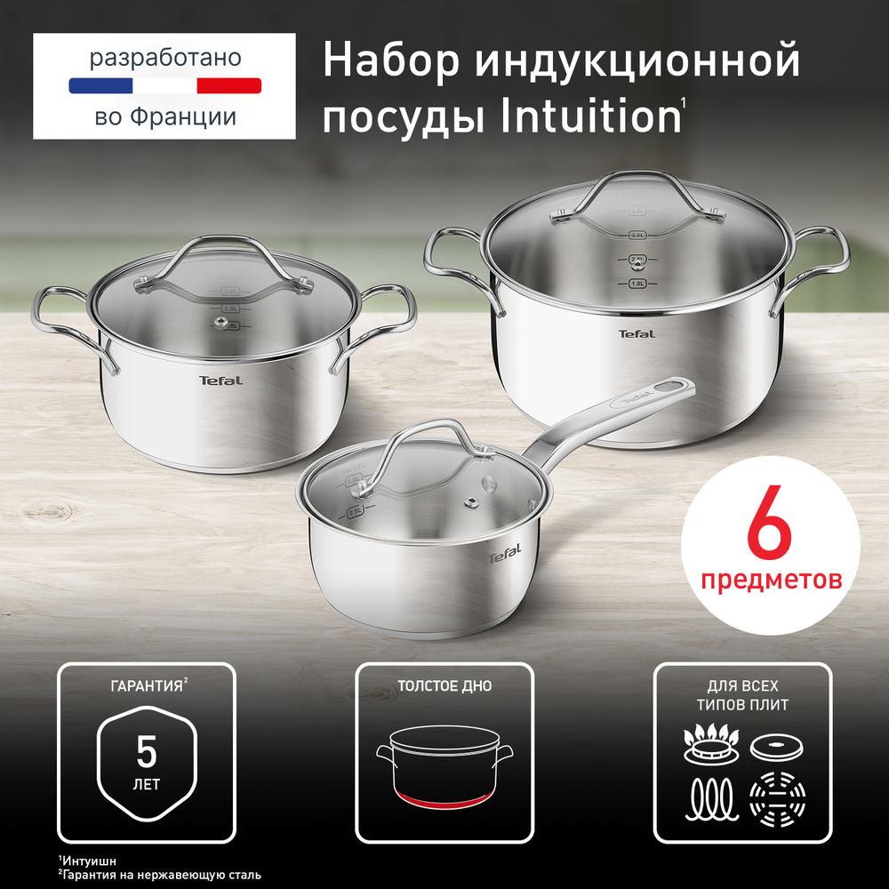 Набор посуды Tefal Intuition 6 предметов 1,3/2,9/5л 16/20/24см B864S674