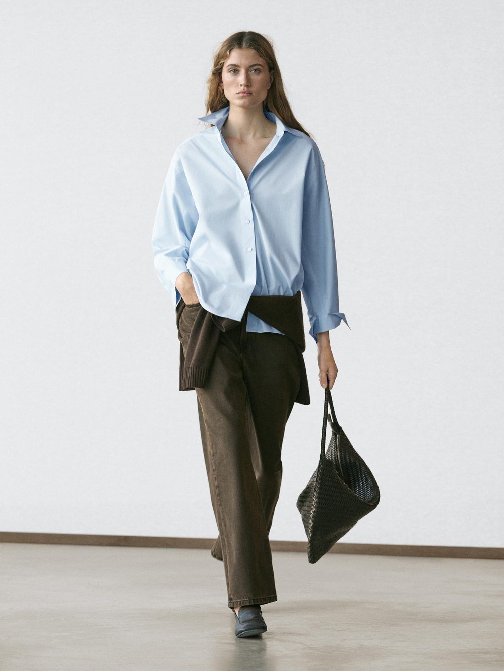 Massimo Dutti Рубашка из поплина с рукавами реглан, небесно-голубой