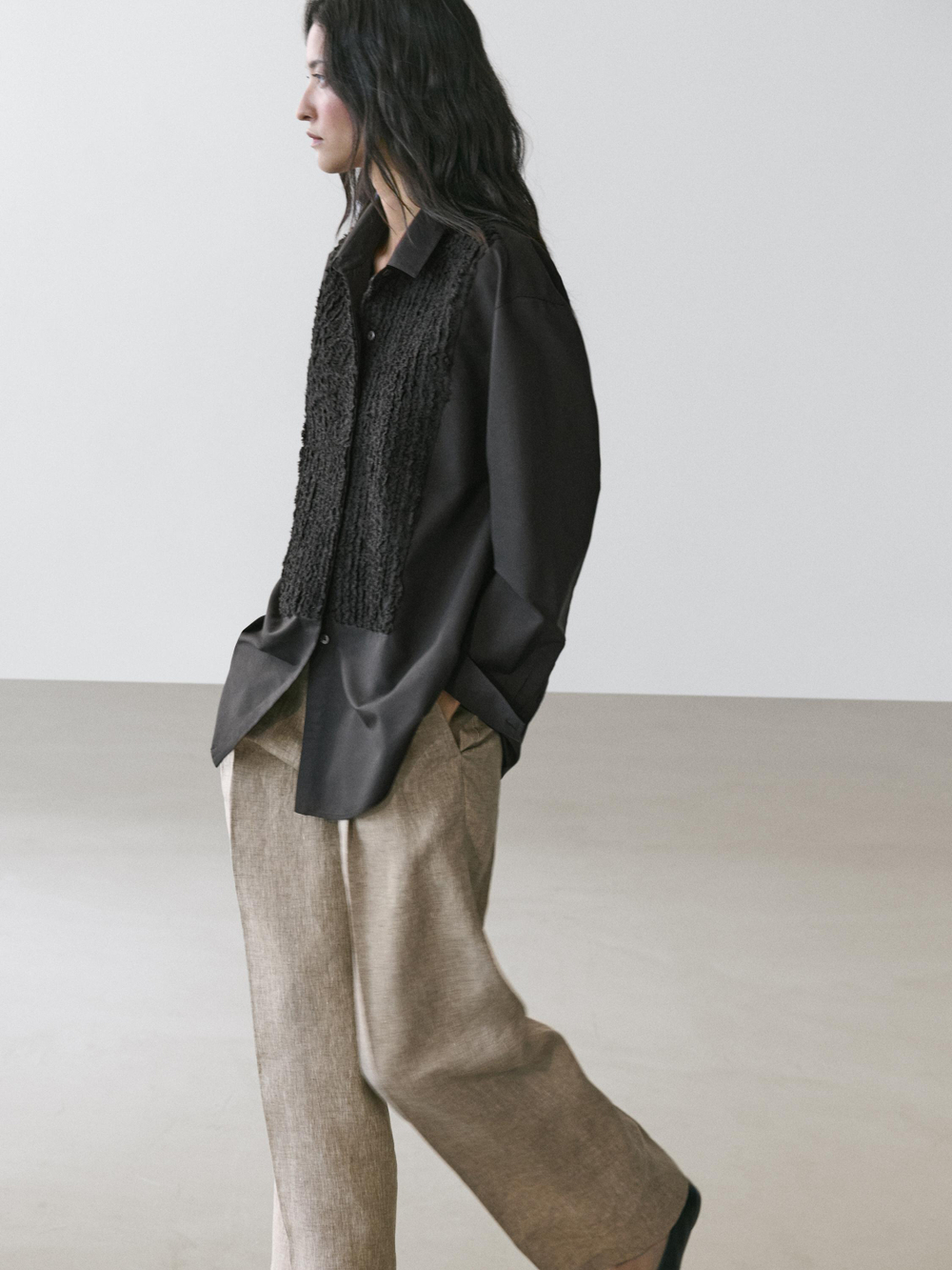 Massimo Dutti Рубашка с большим отложным воротником и вышивкой, черный