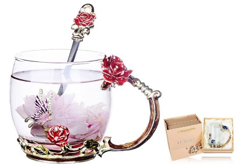 261003 Чашка LUXURY "Красная роза" h=8,5см, d=8см, 320мл, стекло