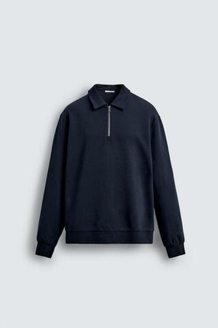 ZARA ТОЛСТОВКА-ПОЛО INTERLOCK НА МОЛНИИ, МОРСКОЙ СИНИЙ