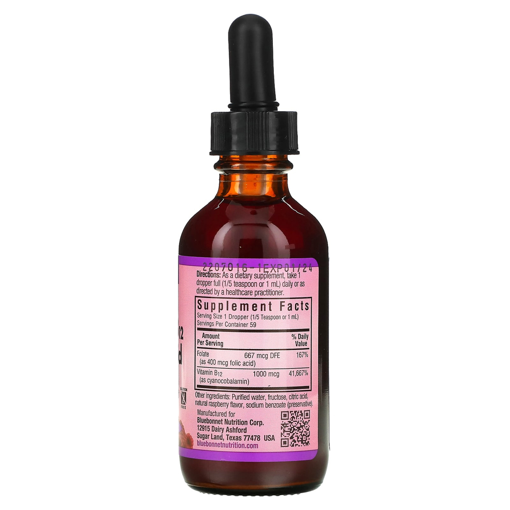 Bluebonnet Nutrition, Жидкий витамин B-12 и фолиевая кислота, натуральный малиновый вкус, 59 мл