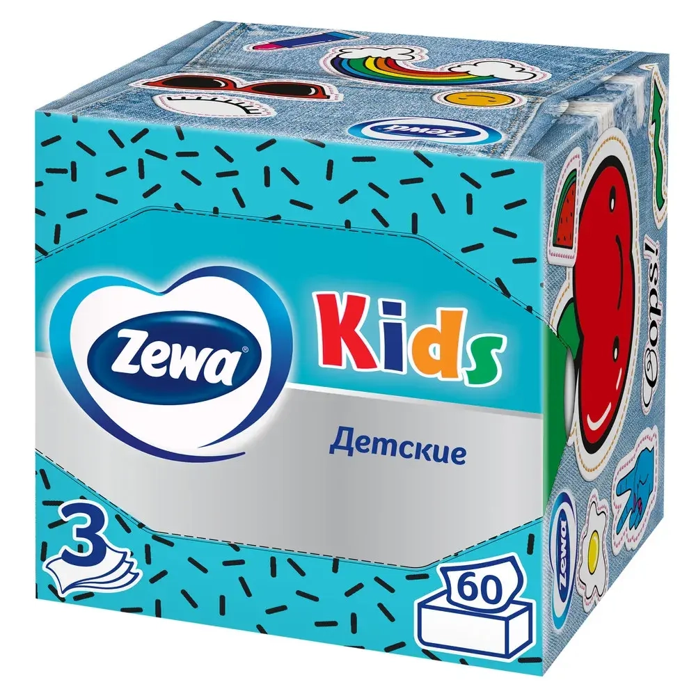 Салфетки бумажные детские неароматизированные 60 шт 3-х слойная Zewa Deluxe Kids