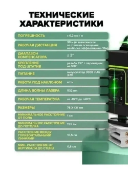 Лазерный уровень нивелир,4D/8 линий,Защита от перегрева,Супер яркий луч лазера,1 литиевая батарея емкостью 6800 мАч,Зеленый луч уровень 360 град,Водонепроницаемое пылеудаление