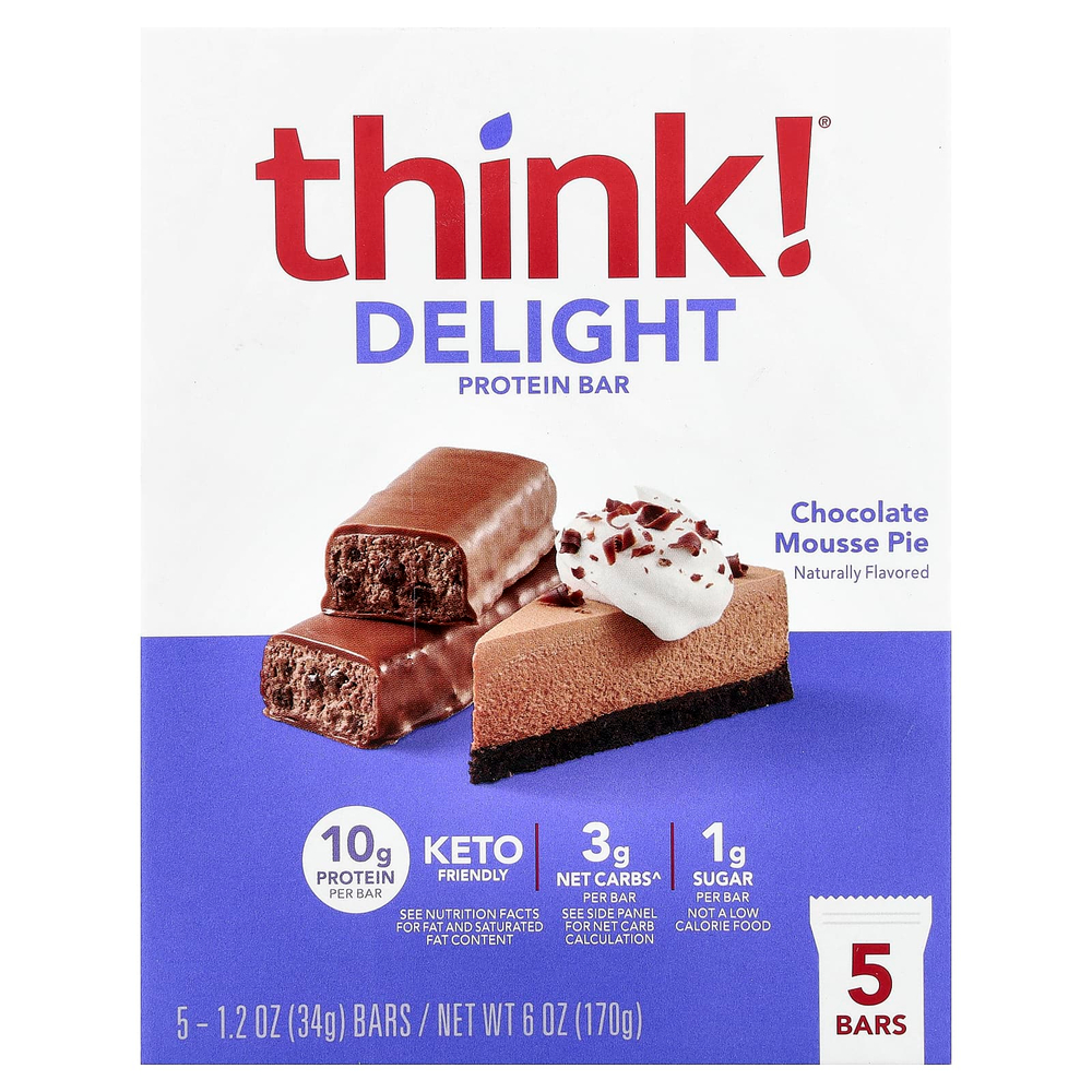 Think !, Delight Protein Bar, протеиновый батончик, шоколадный муссовый торт, 5 шт. по 34 г (1,2 унции)