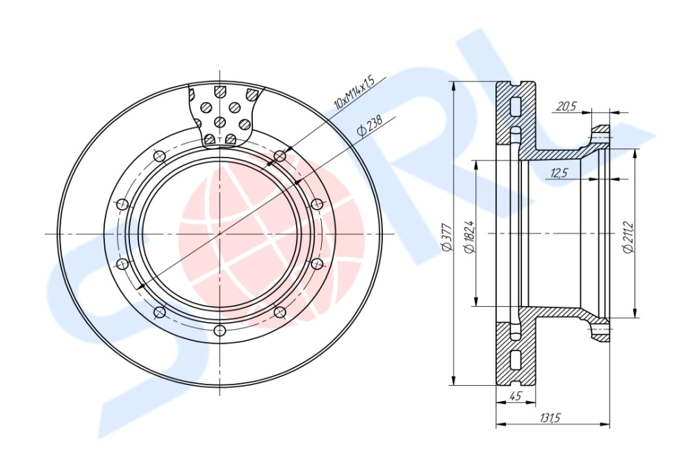 Диск тормозной 377/211.2x45/131.5 10n-238-M14x1.5 MB (6754210012) SORL