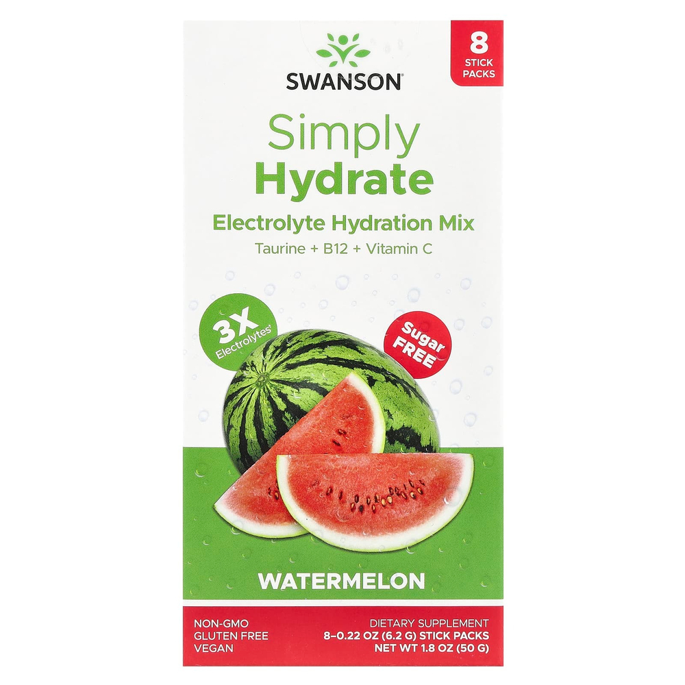 Swanson, Simply Hydrate, смесь для гидратации электролитов, арбуз, 8 пакетиков по 6,2 г (0,22 унции) каждая