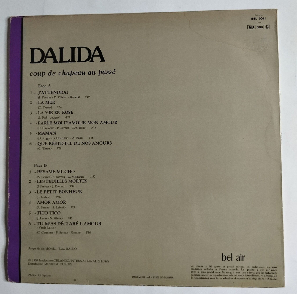Винтажная виниловая пластинка LP Dalida Coup De Chapeau Au Passe (France 1980)