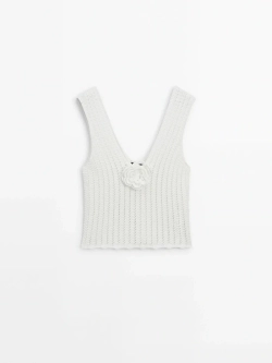 Massimo Dutti Трикотажный топ с цветком, натуральный