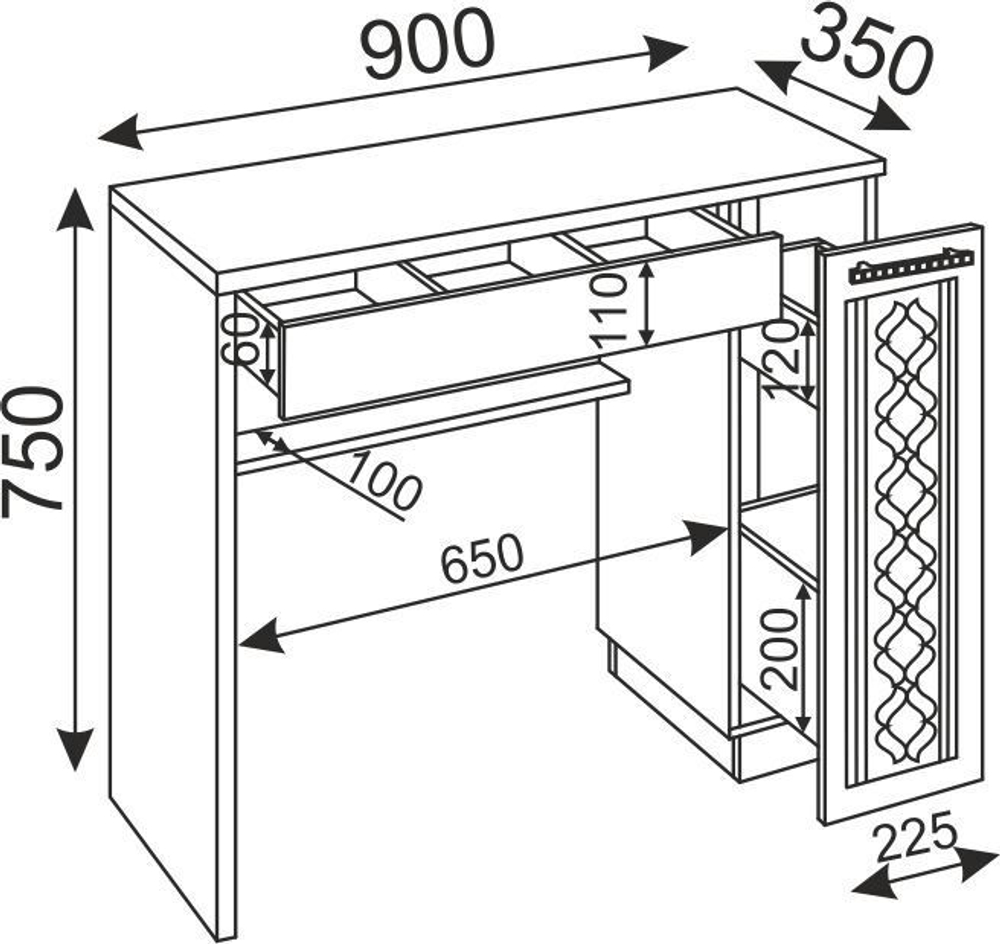 Туалетный столик с зеркалом, ящиками Белый Поры Дерева, Тиффани, 90х35х75 см RINNER мебельная фабрика