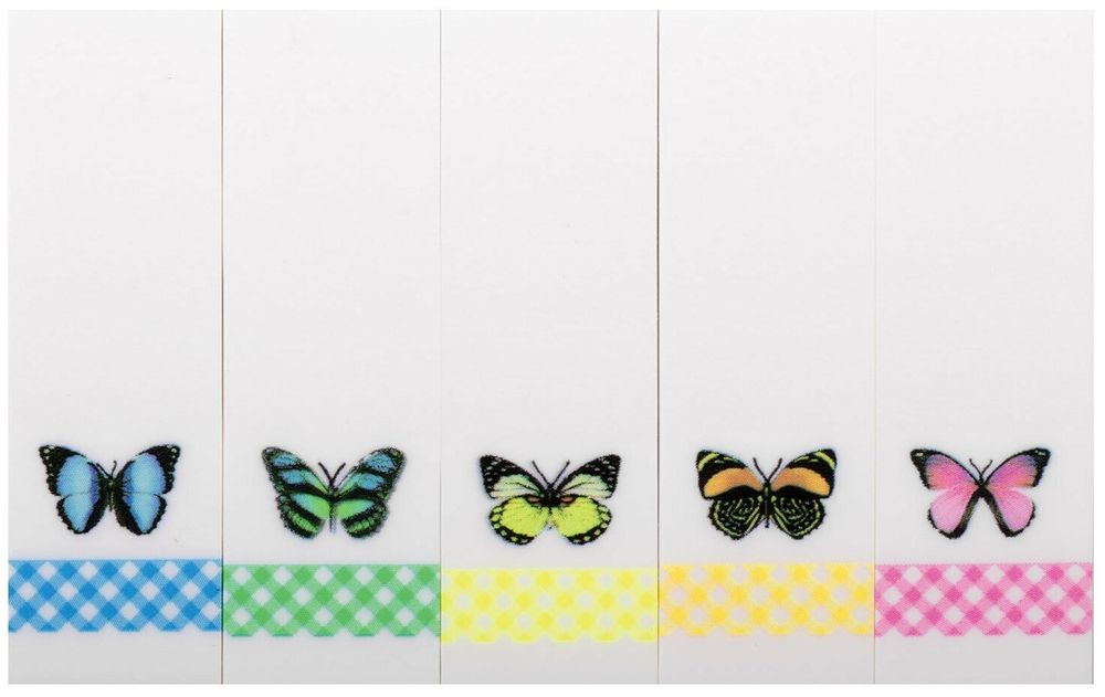 Закладки клейкие BRAUBERG С КАРТИНКОЙ "БАБОЧКИ", пластик, 48х15 мм, 5 цветов х 20 листов, в пластиковой книжке, 124813