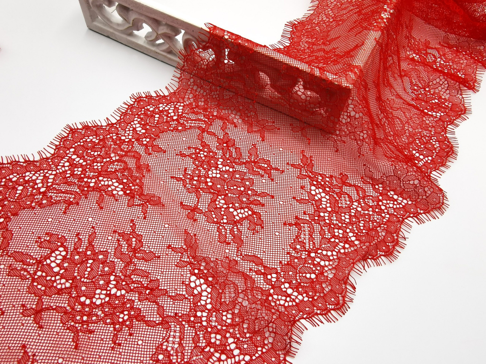Кружево шантильи, ОПТ, с ресничками, красный, 23 см, купон, SK-2403, купон (3м)