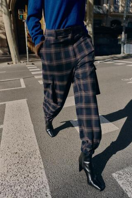 ZARA БРЮКИ КАРГО СВОБОДНОГО КРОЯ В КЛЕТКУ, КРАСНЫЙ/ТЕМНО-СИНИЙ