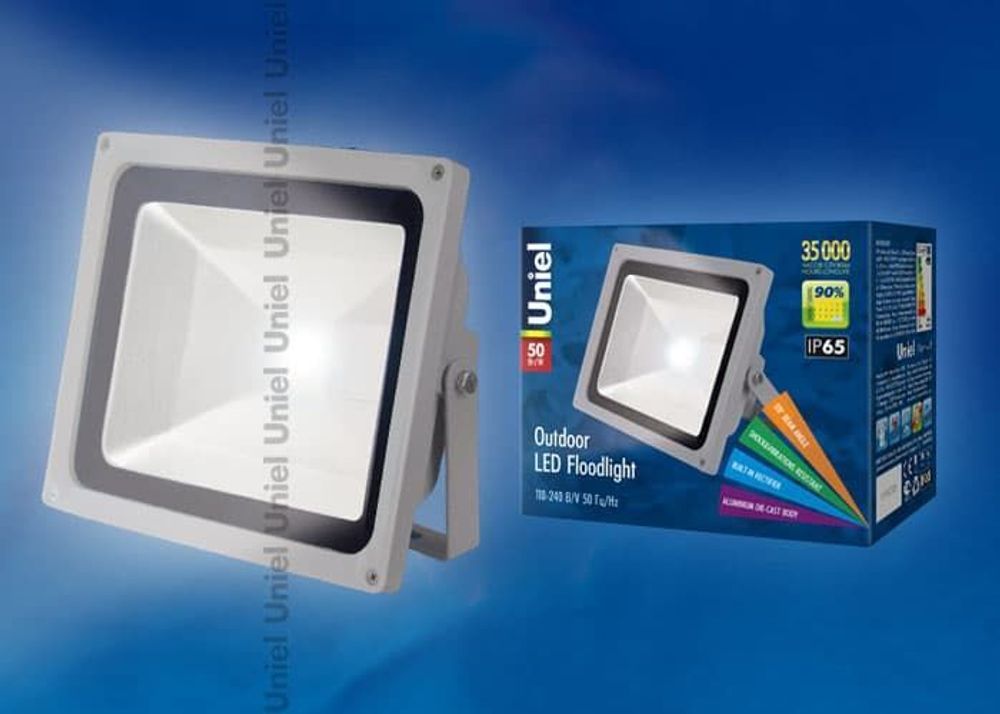 ULF-S01-50W/NW IP65 110-240В Прожектор светодиодный. Корпус серый. Цвет свечения белый. Степень защиты IP65. Картонная упаковка