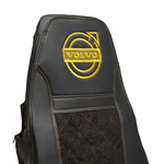 Чехлы VOLVO FH-12 после 2003 года: два высоких сиденья, ремни безопасности от стоек кабины (нет выреза под ремень) (экокожа, черный, желтая вставка)