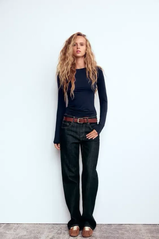 ZARA ТОП ИЗ ПОЛИАМИДА С ДЛИННЫМИ РУКАВАМИ, МОРСКОЙ СИНИЙ