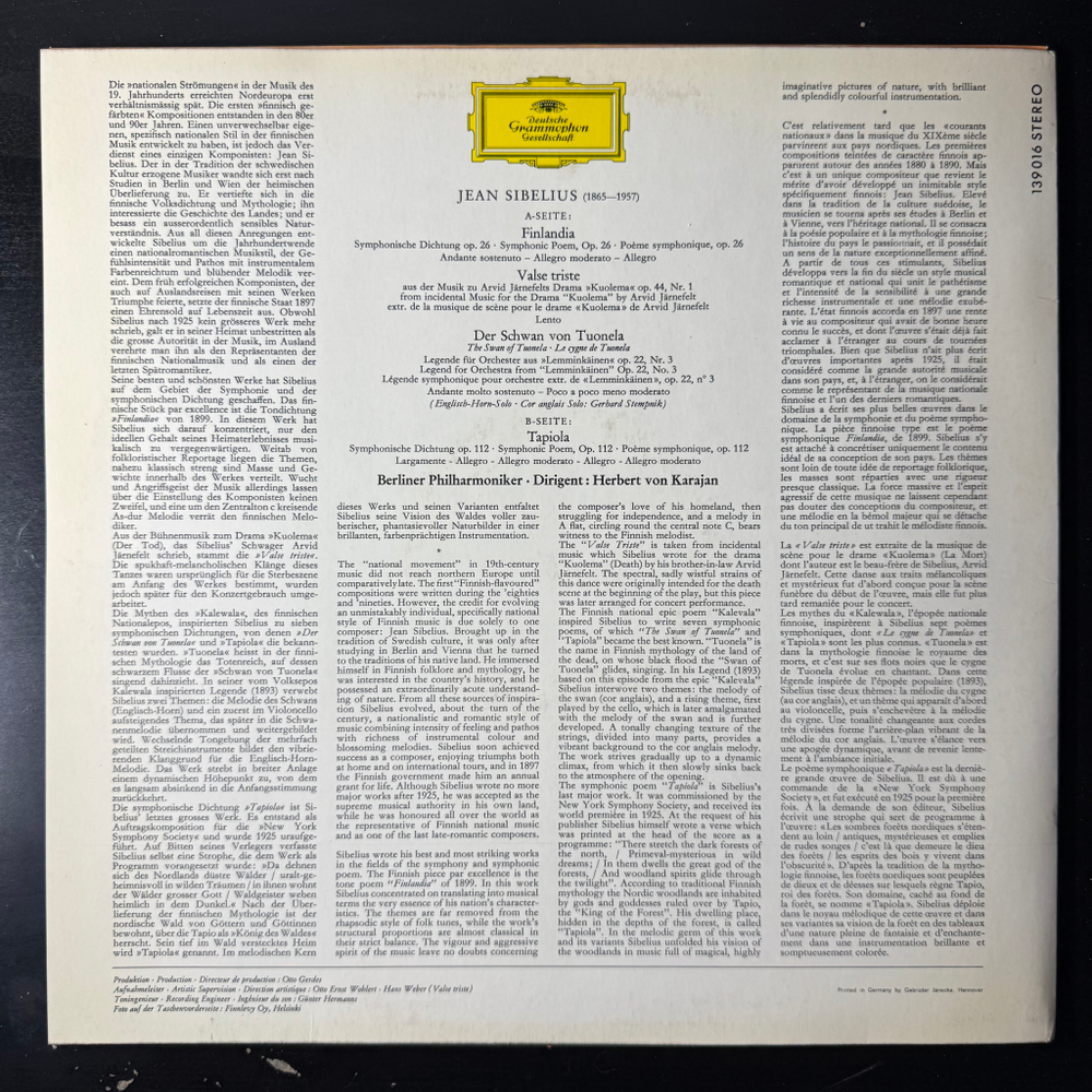 Сибелиус - Финляндия, Вальс Тристе, Туонельский лебедь, Тапиола (Германия)