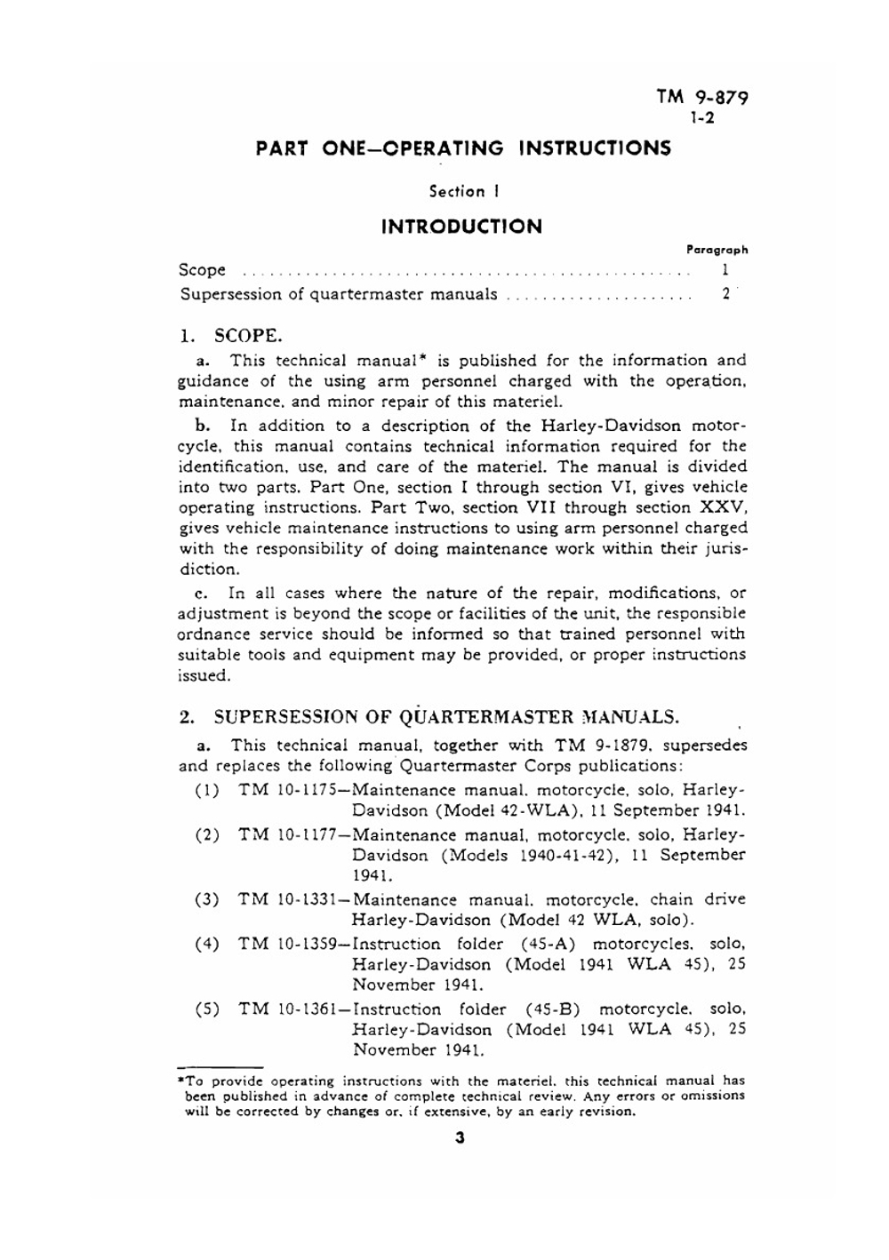Motorcycle, Solo (Harley Davidson model WLA). Technical Manual TM 9-879 | War Department