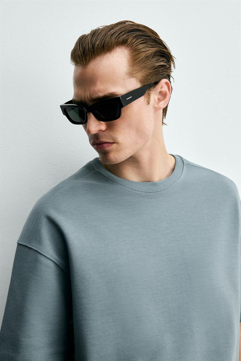 ZARA ФУТБОЛКА RELAXED FIT ИЗ ИНТЕРЛОКА, УТИНО-СИНИЙ