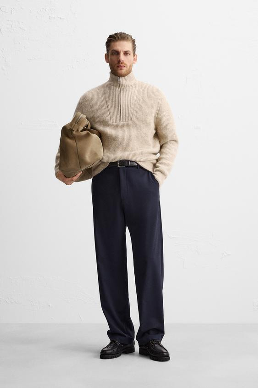 ZARA СВИТЕР ИЗ РЕЛЬЕФНОЙ ТКАНИ С ВОРОТНИКОМ НА МОЛНИИ, ЭКРЮ