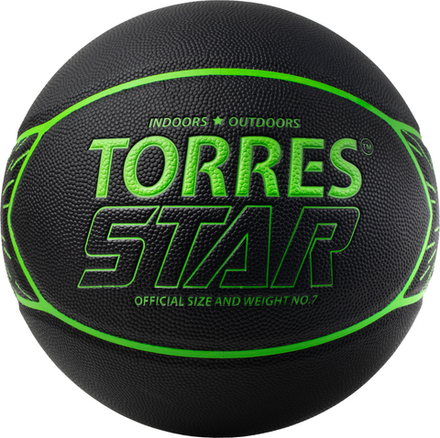 Мяч баскетбольный TORRES Star, B323127, р.7, 7 панел.,ПУ-композит, нейлон. корд, бут.кам., черно-зеленый