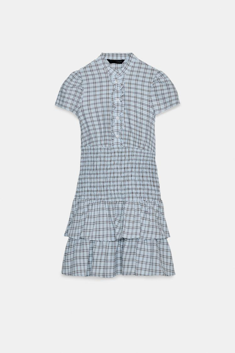 ZARA КОРОТКОЕ ПЛАТЬЕ В КЛЕТКУ С ВОЛАНАМИ, КОРИЧНЕВО-СИНИЙ