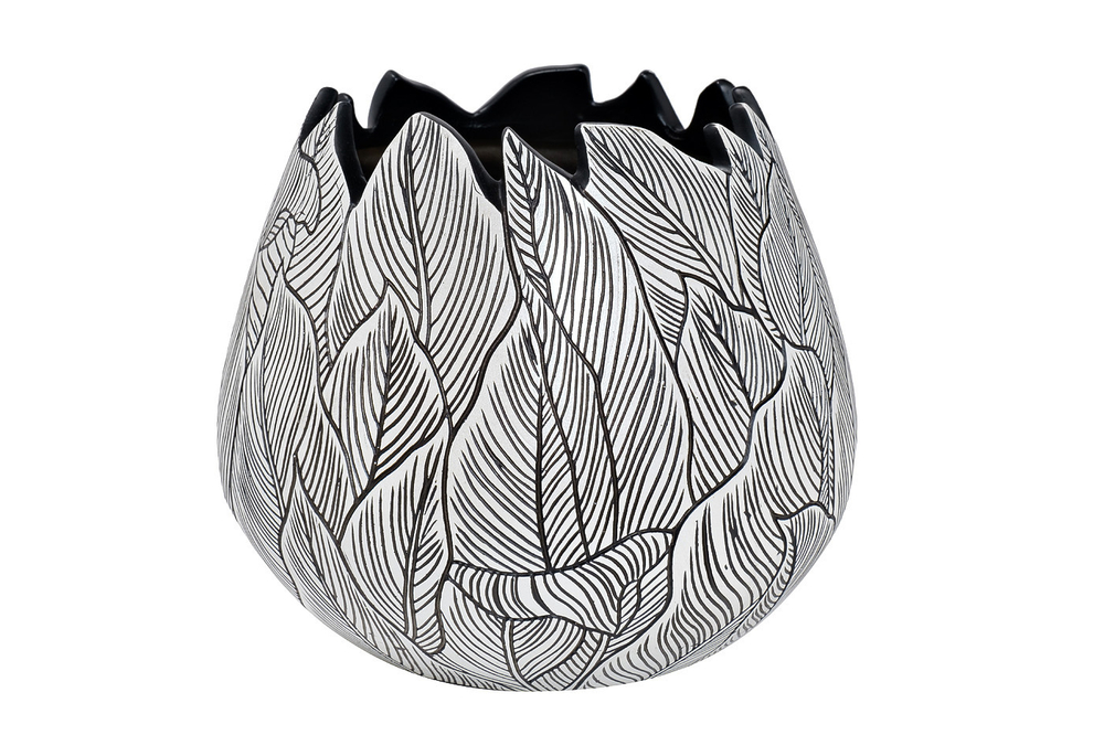 ZS2001-10 Кашпо черно-белое "Листья" d 25*22 см