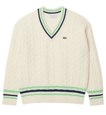 Мужская теннисная кофта Lacoste V-Neck Cable Knit Wool - white/green/navy blue