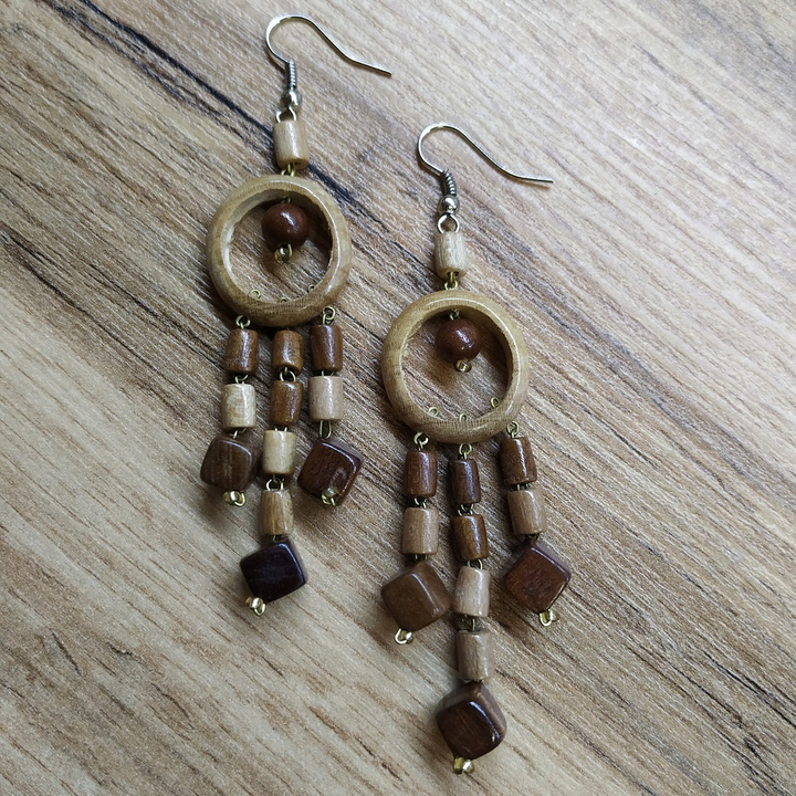 Серьги Кольцо 3 кубика дерево, цвет светло-коричневый, темно-коричневый, 19x65 мм