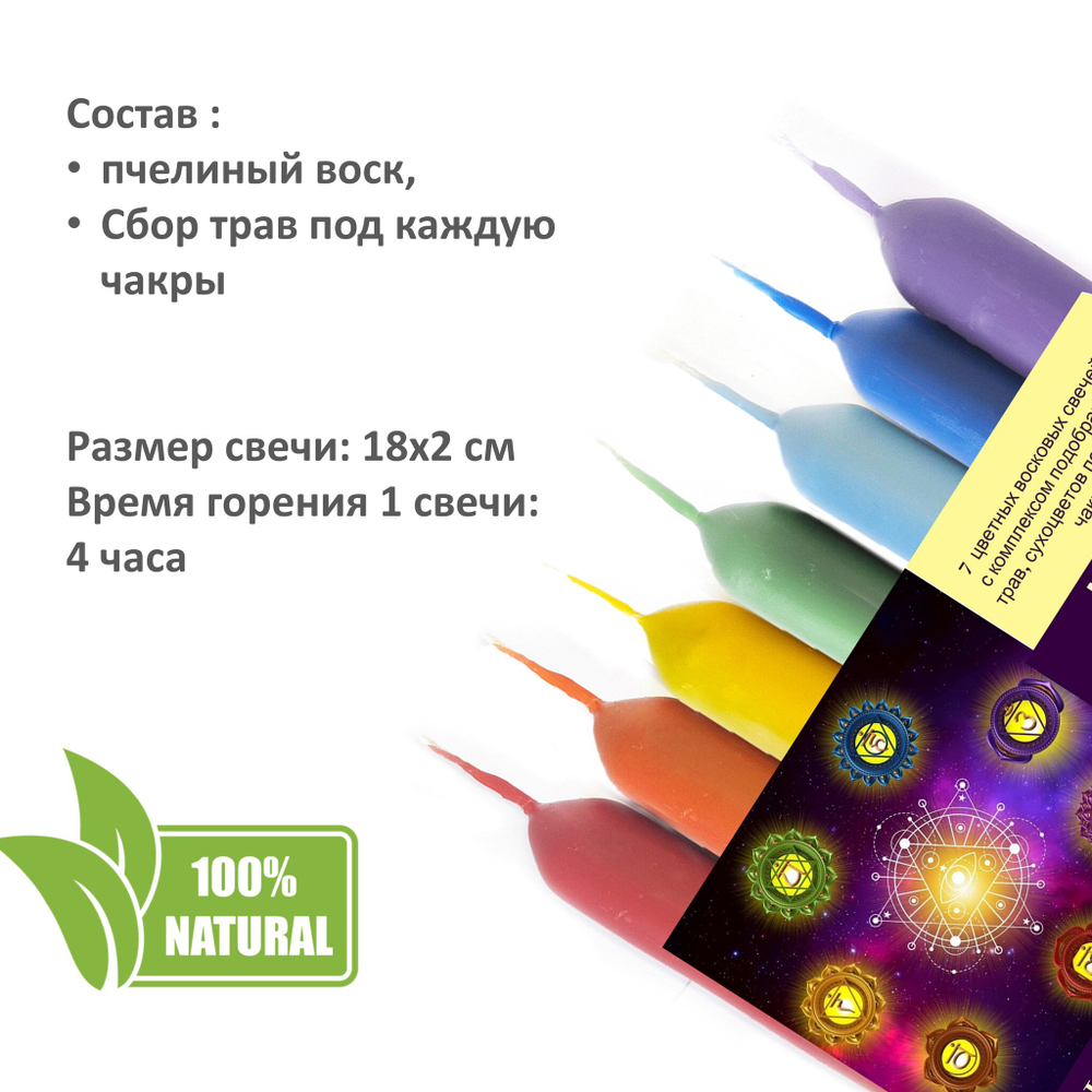Чакровые свечи восковые , 18х2 см / 7 штук, с травами