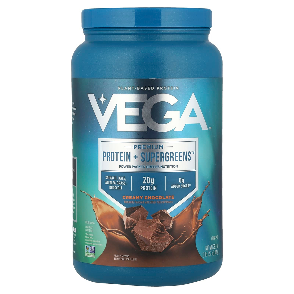 Vega, Растительный протеин, протеин премиального качества + Supergreens ™, сливочный шоколад, 814 г (1 фунт 12,7 унции)