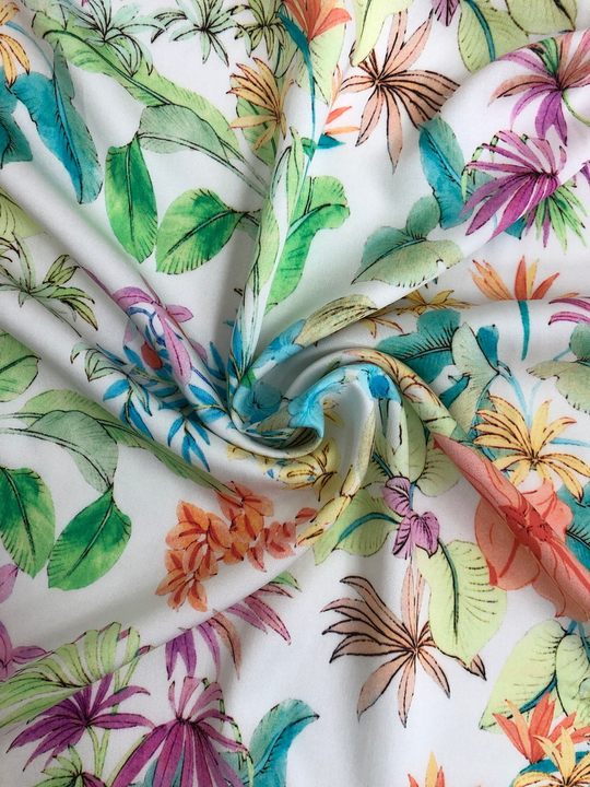 Штапель принт silk цветы розов/желт/зелен на белом BST3907