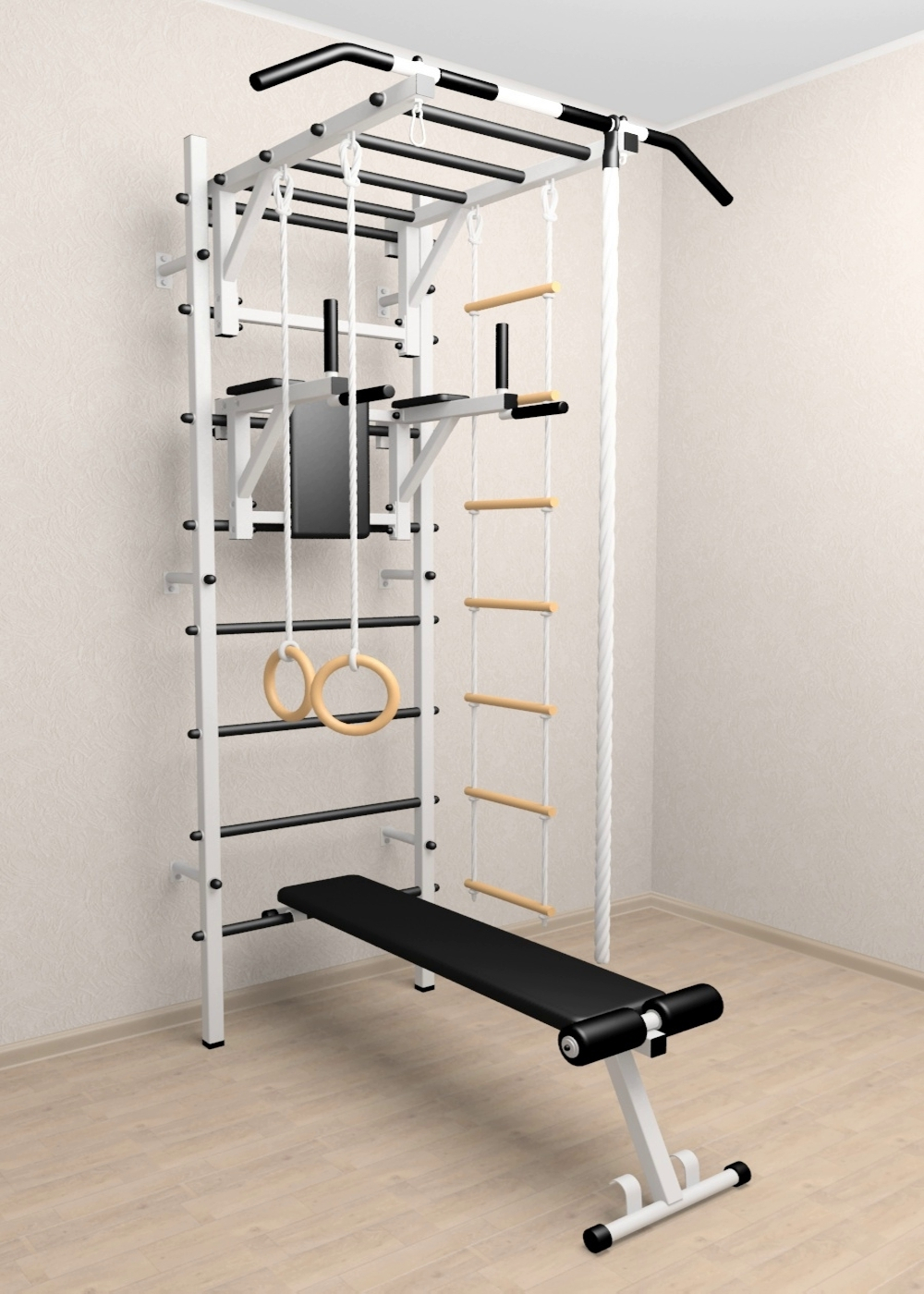 Шведская стенка Sv Sport усиленная 625 (Турник рукоход/Брусья/Скамья/Канат/Кольца/Лестница)