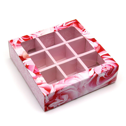 Коробка для 9 конфет крышка/дно, Розовые пионы 13,8*13,8*3 см