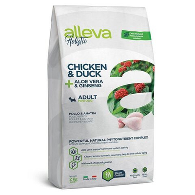 Корм Аллева Холистик Holistic Chicken & Duck + Aloe vera & Ginseng Mini для взрослых собак мелких пород, с курицей и уткой, алое вера и женьшенем, 2 кг
