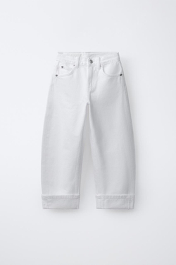 ZARA ДЖИНСЫ BARREL С ОТВОРОТАМИ, БЕЛЫЙ