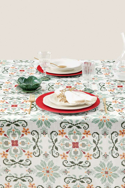 ZARA HOME ЛЬНЯНАЯ СКАТЕРТЬ С ВЫШИВКОЙ КРЕСТИКОМ,  СВЕТЛО-ЗЕЛЕНЫЙ