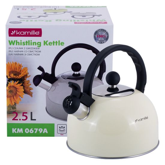Чайник 2,5 л из нержавеющей стали со свистком Kamille KM-0679 и черной бакелитовой ручкой
