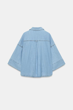 ZARA ДЖИНСОВАЯ РУБАШКА Z1975 С ШИРОКИМИ РУКАВАМИ, ВЫЦВЕТШИЙ СИНИЙ